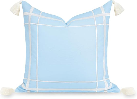 Hofdeco Premium Coastal Patio Indoor Outdoor Throw Pillow Cover Only, 20"x20" Water Repellent for Backyard, Couch, Baby Blue Embroidered Line Frame