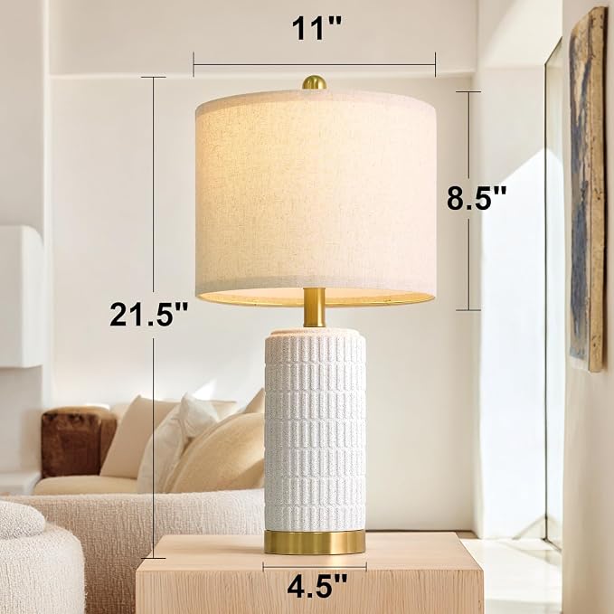 PoKat 21.5'' Stone-Like Bedside Table Lamps Set of 2 for Bedroom with 2 USB A+C, Modern Lamps for Living Room, Ceramic Nightstand Desk Lamps with Charging Ports Office Dorm Sideboard (Frosted White)