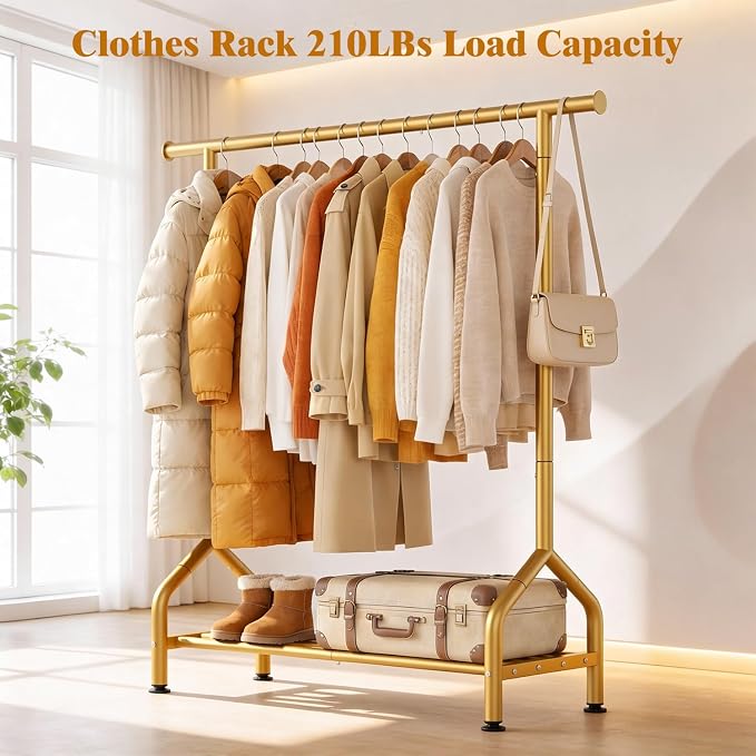 Sturdy Clothing Racks with Shelf, Metal Clothes Rack with Leveling Feet for Hanging Clothes, Freestanding Garment Coat Rack for Bedroom, Apartment & Small Spaces, Gold
