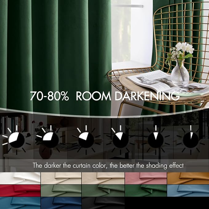 MIULEE Velvet Curtains 50W x 90L 2 Panels Hunter Green Blackout Curtains | Luxury velvet fabric, pinch pleat design, back tab hooks, thermal insulated, blackout light blocking, for living room bedroom