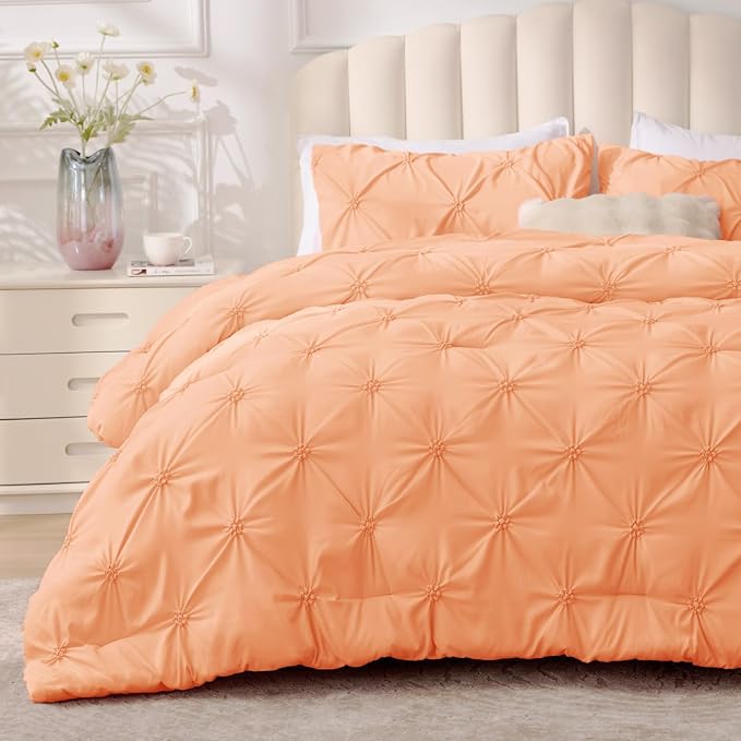 BEDELITE Queen Comforter Set Apricot,Lightweight & Soft Comforter | Pintuck Boho Bedding, Warm & Cute Bed Set for All Season,With 2 Pillowcases