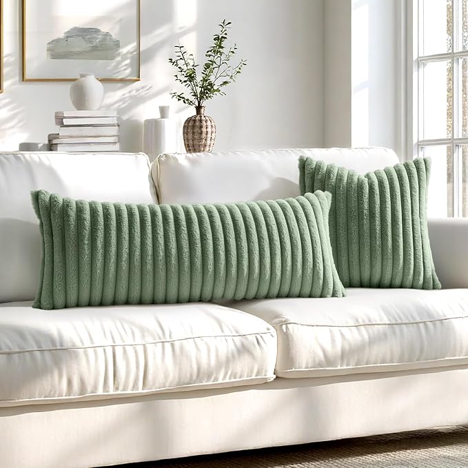 MIULEE Faux Fur Decorative Throw Pillow Covers 18x18 Set of 2 Sage Green | Modern Soft Plush Couch Pillows, Cozy Fluffy Cushion Covers for Sofa Bed Living Room Home Decor