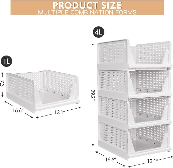 4 Pack Stackable Closet Storage Basket - Stackable Storage Bins | Multifunctional & Foldable Closet Organizer Waterproof, Wardrobe Cupboard Space-Saving Storage Drawer Organizer