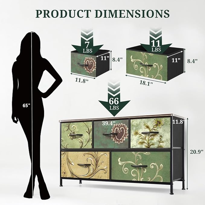 5-Drawer Dresser for Bedroom, Anti-Tip Wide Storage Organizer Fabric | Chest of Drawers TV Stand for 45" TV with Wooden Top Metal Frame for Closet, Living Room, Hallway, Entryway, Floral Painted