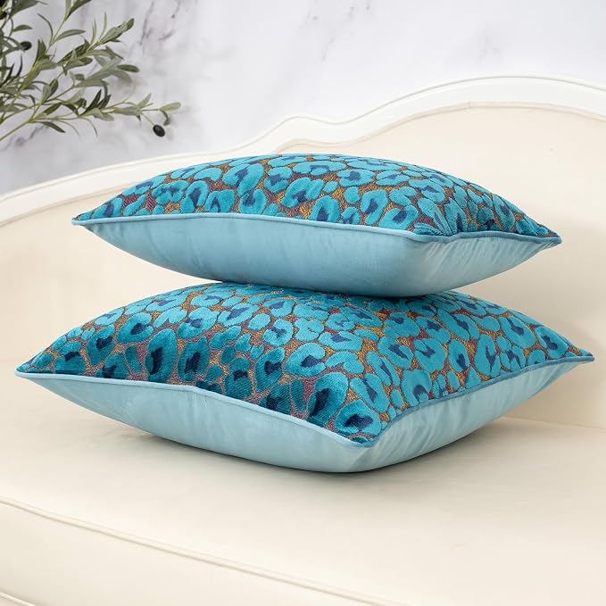 Alerfa Blue Floral Throw Pillow Cover 20 x 20 Inch Cut Velvet Sqaure Luxury Decorative Pillow Cover for Couch Living Room Bedroom