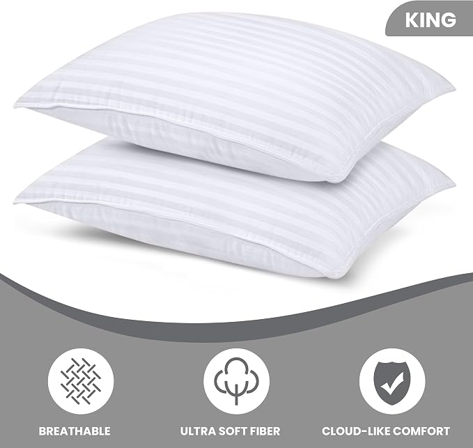 Utopia Bedding Hotel Bed Pillows for Sleeping, Pillows King Size Set of 2 | Down alternative pillows, cooling hotel quality, luxury comfort for back, side & stomach sleepers, Premium Stripes, White