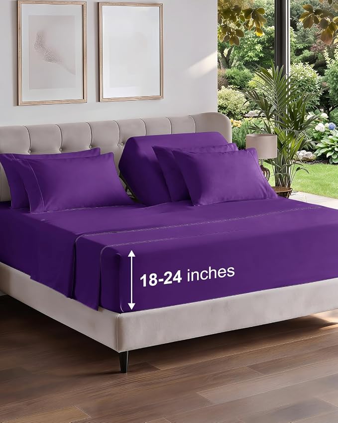 CGK Unlimited Extra Deep Flex Top Split Head King Sheet Set - 6 Piece Breathable and Cooling Sheets - Hotel Luxury Bedding for Women, Men, Kids & Teens - Easy Secure Fit - Extra Deep Pockets - Purple