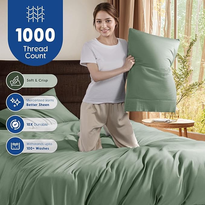 SONORO KATE 1000 Series 100% Egyptian Cotton Queen Duvet Cover Set,3PC | Long Staple Cotton,Sateen Weave,Soft,Breathable,Luxury Hotel Bedding,All-Season,Hidden Zipper Closure,Sea Glass