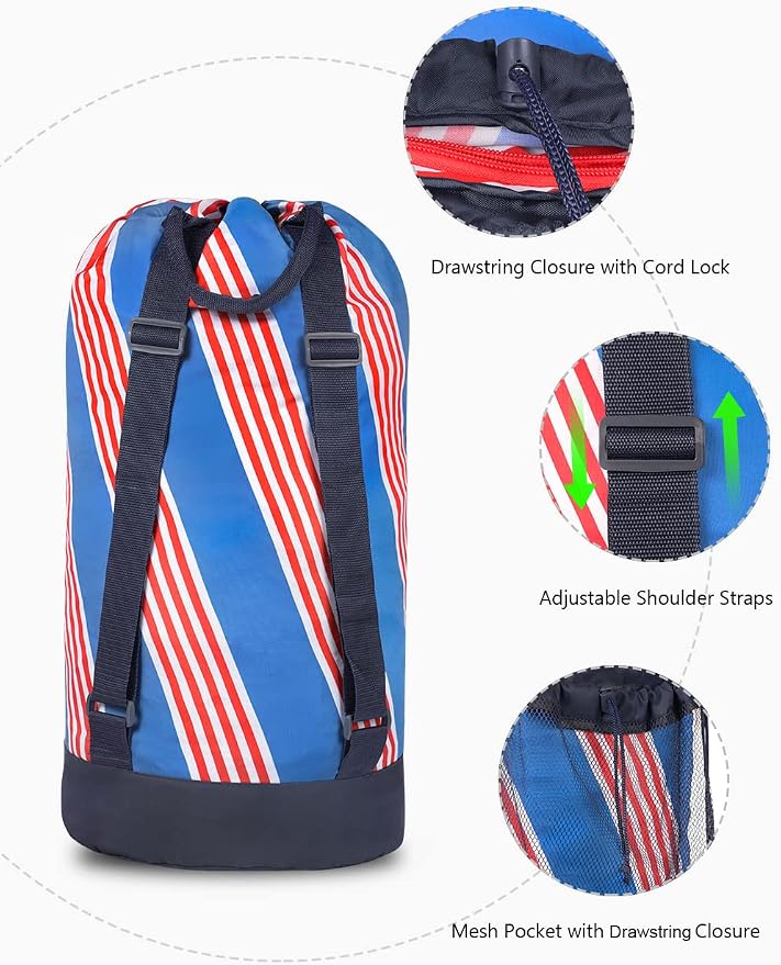 Backpack Laundry Bag with Shoulder Straps and Mesh Pocket Durable Nylon Clothes Hamper Bag with Drawstring Closure for College, Travel, Laundromat, Apartment