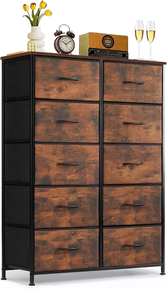 10-Drawer Dresser for Bedroom, Anti-Tip Tall Storage Organizer | Chest of Drawers with Wooden Top and Metal Frame Fabric Bins for Closet, Living Room, Hallway, Entryway, Brown