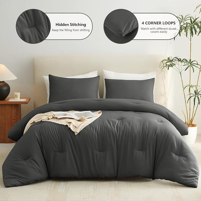 King Comforter Set, 3 Pieces Down Alternative Bedding, Dark Grey | 270 GSM All Season Comforter with 4 Corner Ties for Use as a Duvet Insert, OEKO-TEX Certified, 2 Pillowcases, 102 x 90 in