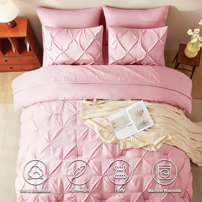 HIMEET Full Size Comforter Set Pink - 7 Pieces Pintuck Bed in a Bag | OEKO-TEX Certified, 240GSM Down Alternative Comforter, 14" Deep Pocket Fitted Sheet + Flat Sheet + 2 Pillowcases + 2 Shams