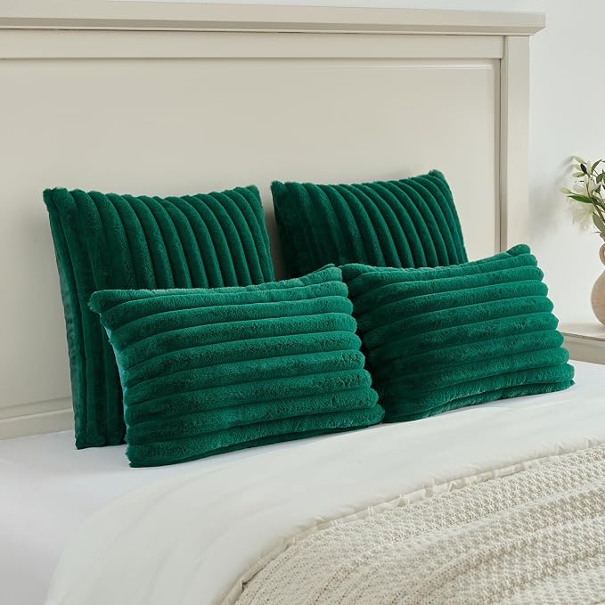 FUTEI Pack of 2 Faux Fur Throw Pillow Covers 28x28 Inch, Emerald Green | Fluffy Faux Rabbit Fur Front/Premium Velvet Back,Hidden Zipper,Machine Washable,Non-Shedding,Colorfast,Insert Not Included.