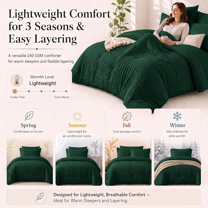 Queen Comforter Set, 7 Pieces Emerald Green Seersucker Bed in a Bag | OEKO-TEX Certified, All Season Bedding Set with 240 GSM Down Alternative Comforter, Flat & Fitted Sheets, Pillowcases & Shams