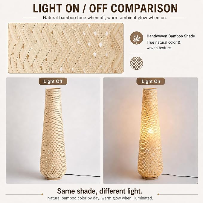 Boho Style Bamboo Woven Floor Lamp for Living Room,36 in,Cozy Decor | Handcrafted Wicker Shade,Unique Shadow Pattern,No Assembly Required,3000K Warm Ambient Lighting,Suit for Bedroom Corner