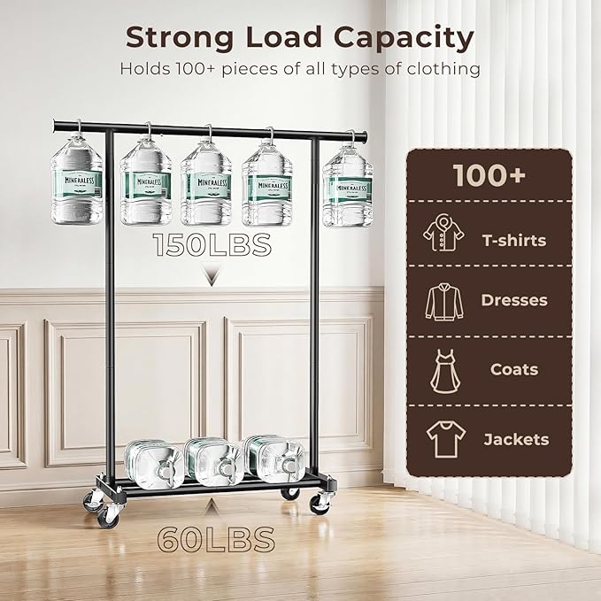 Clothing Rack for Hanging Clothes, 45" Wide Rolling Clothes Rack, Metal Garment Hanger Rack with Wheels, Portable Coat Rack Wardrobe Rack for Bedroom Laundry, Black