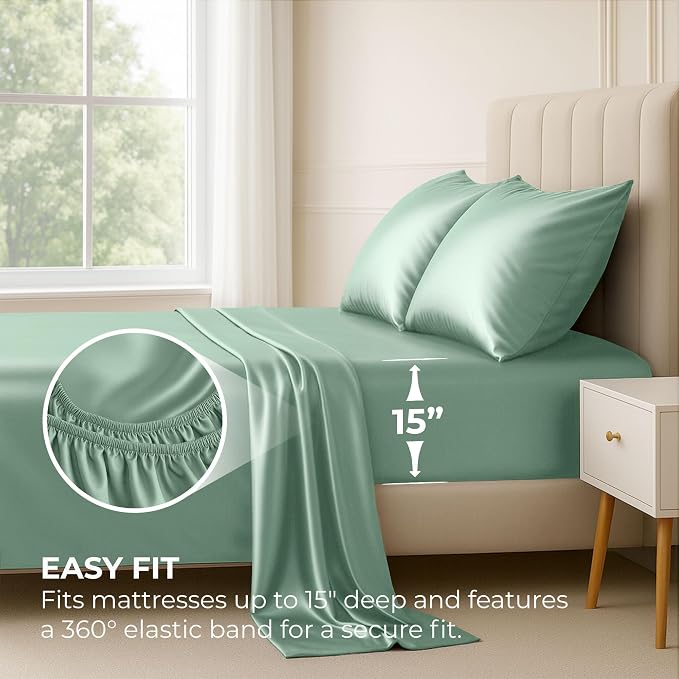 Satin Sheets Full [4-Piece, Champagne Green] Hotel Luxury Silky Bed Sheets - Extra Soft 1800 Microfiber Sheet Set, Wrinkle, Fade, Stain Resistant - Deep Pocket Fitted Sheet, Flat Sheet, Pillow Cases