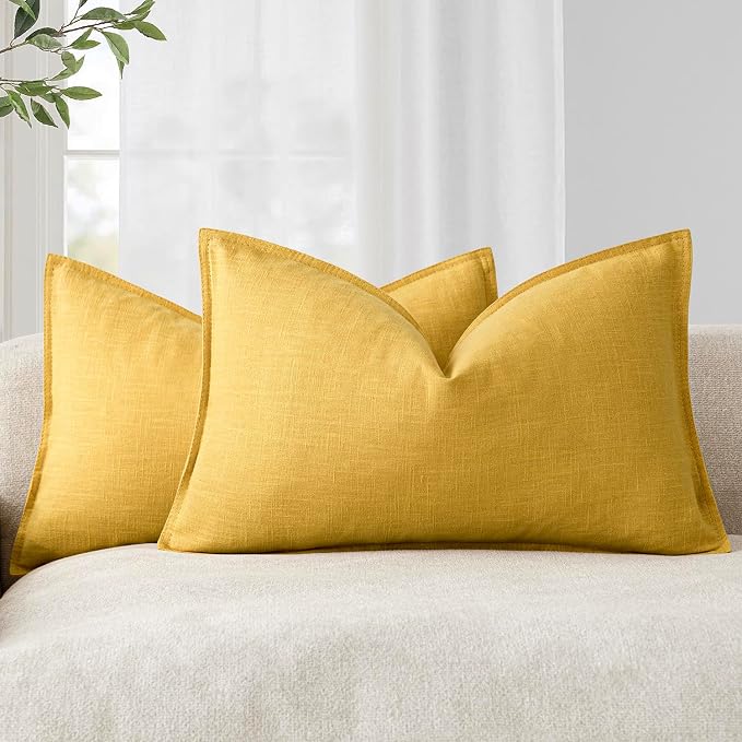 Foindtower Decorative Linen Lumbar Throw Pillow Covers 12x20 Ginger Yellow | Pack of 2 Boho Farmhouse Pillowcase,Accent Neutral Solid Cushion Covers,Morden Home Decor for Couch Sofa Bedroom Living Room