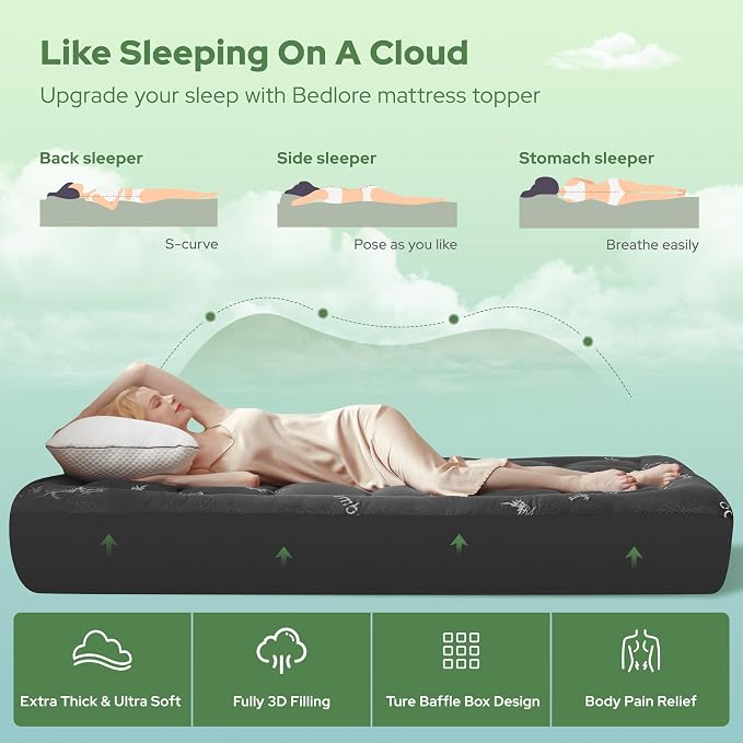 BEDLORE Twin XL Mattress Topper Viscose Bamboo, Pillow Top Mattress Pad | Deep Pockets Fit 6”-15” Mattress, Soft Breathable Thick Dorm-Size Mattress Topper for Students and Hot Sleepers(Dark Gray)