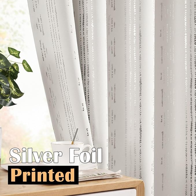 jinchan Boho Blackout Curtains 90 Inches Long for Bedroom Living Room | Silver on Off White Geometric Foil Printed Grommet Curtains Room Darkening Thermal Insulated Window Treatments 2 Panels