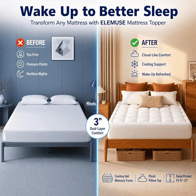 ELEMUSE 3 Inch Cal King Dual Layer Memory Foam Mattress Topper | 2 Inch Cooling Gel Foam,1 Inch Soft Pillowtop Pad, Pressure Relief Bed Topper, Comfortable Support