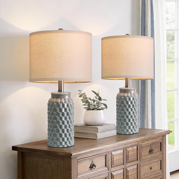 USumkky 20.5" Ceramic Table Lamps Set of 2, Modern Farmhouse Boho Bedside Lamps for Bedroom, Nightstand Lamps for Living Room End Tables, Small Desk Lamps, Grey