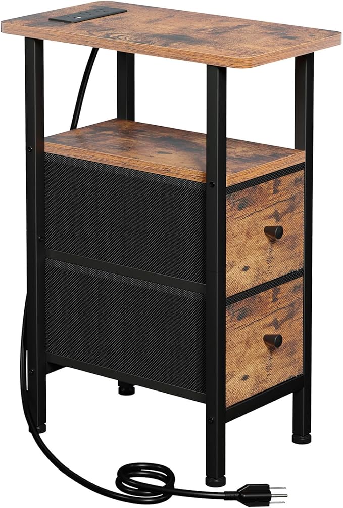 LOAKEKEL Narrow End Table with Charging Station, Small Nightstand | Skinny Side Tables Living Room with 2 Fabric Drawers, Slim Bedside Table for Bedroom, Small Spaces, Couch, Brown