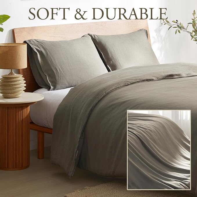 DAPU 100% French Linen Duvet Cover 3Pcs Set, 170GSM Linen Bedding, King | Soft Breathable All-Season for Hot sleepers, Corner Ties & Zipper Closure, French Linen Flax from Normandy, Gray Green