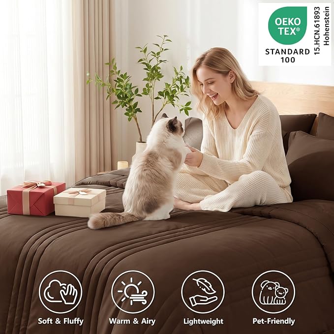 Full Size Comforter Sets Brown- 7 Pieces Bed in a Bag | OEKO-TEX Certified, 240GSM Down-Alternative Comforter, 14" Deep-Pocket Sheets, Shams & Pillowcases, Lightweight