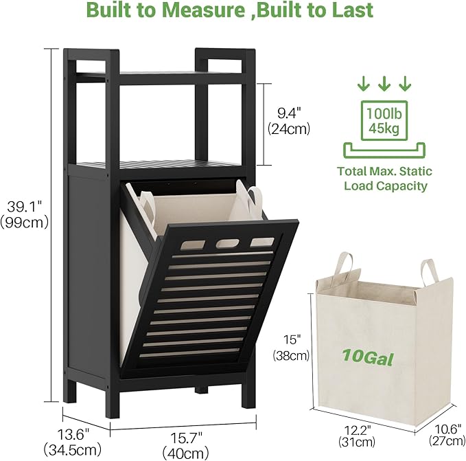 Homykic Tilt Out Laundry Hamper Cabinet, 10 Gal Bamboo Laundry Organizer | Wooden Laundry Basket with Removable Bag, Hidden Hamper with Shelf for Clothes, Bathroom, Laundry Room, Space Saving, Black