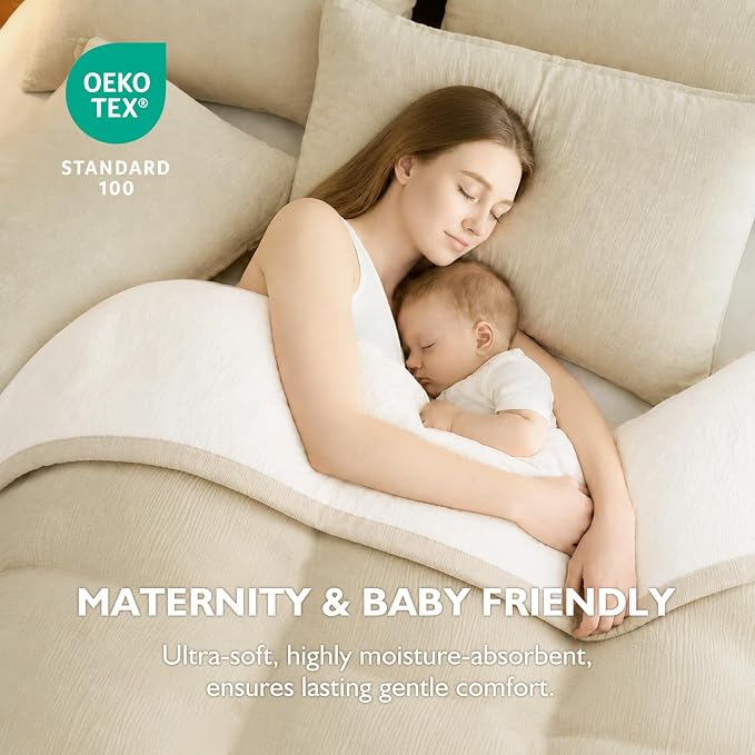 EMME Cotton Muslin Duvet Cover Set King Size Linen Like Soft Breathable Lightweight Summer Comforter Cover Set with Zipper Closure (Light Tan&White, King, 104"x90")