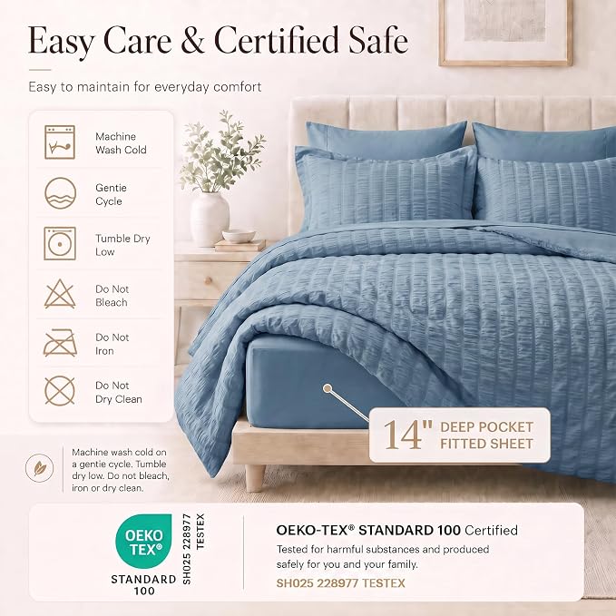 California King Comforter Set, Grayish Blue Seersucker Bed in a Bag | OEKO-TEX Certified, 7 Pieces Bedding Sets with 240 GSM Down Alternative Comforter, Flat & Fitted Sheets, Pillowcases & Shams