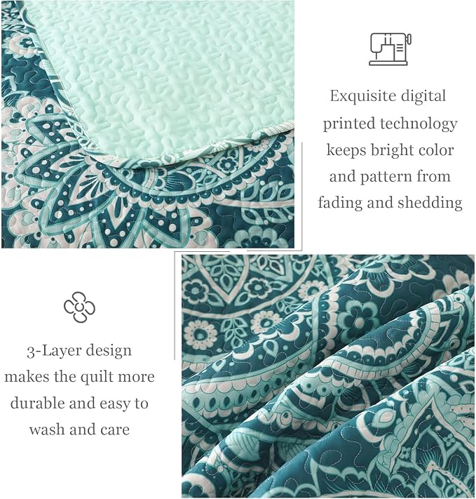 Whale Flotilla California King Size Quilt Set, Soft Boho Paisley Bedspreads | Reversible Lightweight Oversized Quilt Bedding Set for Bed, Turquoise Printed Coverlets with 2 Pillow Shams for All Seasons