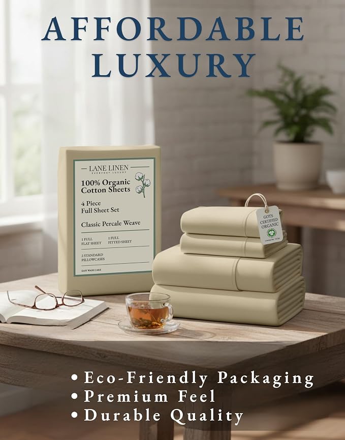 LANE LINEN 100% Organic Cotton Bed Sheets Full Size, Fully Elasticized Reinforsed Seams in Fitted Pocket, Machine Washable Naturally Cooling Full Sheet Deep Pocket Bedding- Linen