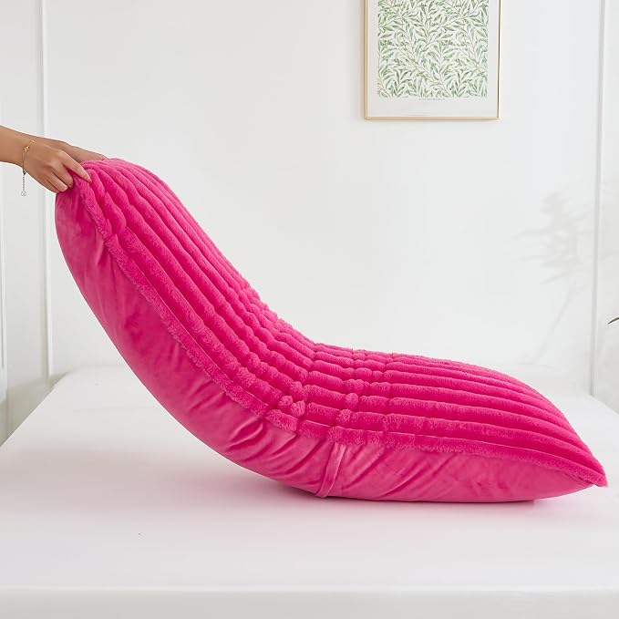 Full Body Pillow with Fluffy Stripe Faux Fur Removable Cover, Long Bed Pillow Adult 20x54 Inches for Side Sleeper and Pregnancy, Hot Pink.