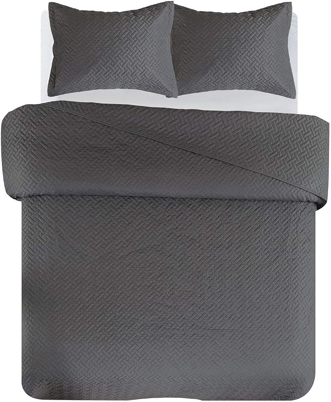 Legacy Decor 3 PCS Squared Stitched Pinsonic Reversible All Season Bedspread Quilt Coverlet Oversized, Queen Size, Grey Color