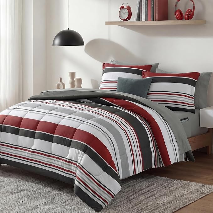 Monbix King Size Comforter Set, 7 Pieces Soft Bed in a Bag King Bedding Set | Red and Black Striped Reversible All Season Comforter Bed Set with Sheets, Pillowcases & Shams