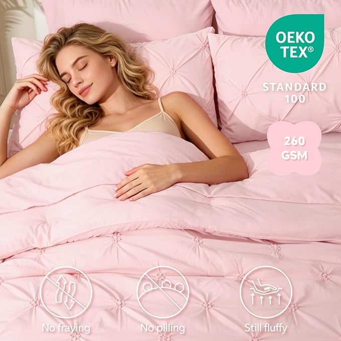 BEDELITE King Comforter Set Baby Pink,Lightweight & Soft Comforter | 7 Pc Boho Bed in a Bag,Warm & Cute Bed Set for All Season,Includes Comforter,Flat & Fitted Sheets,2 Pillowcases & 2 Shams