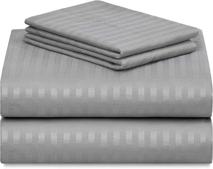 Cal King Striped Sheets Set, Deep Pocket Soft & Cooling Bed Sheet, 4PC | LuxClub Silky Fitted Sheet & Pillowcase Sets, Breathable Hotel Luxury Bedding for Mattress Wrinkle Free, Light Grey