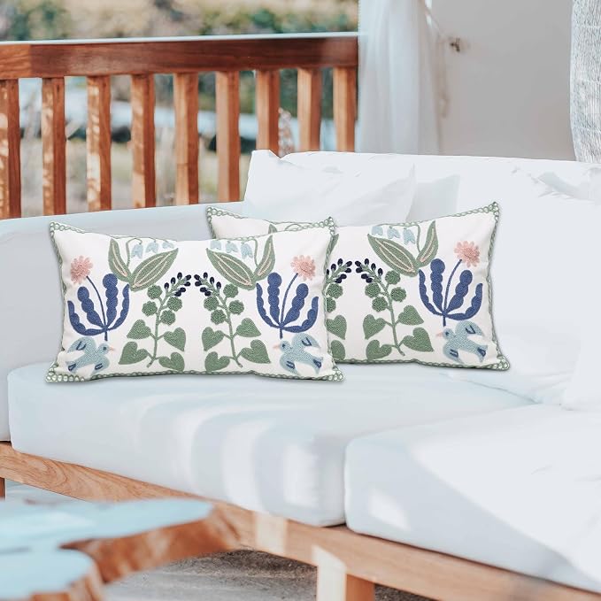 Pack of 2 Embroidered Decorative Throw Pillow Cover 18x18 Inch Farmhouse Floral Pillowcase for Living Room Sofa Bed (Bird Flower-Waist)
