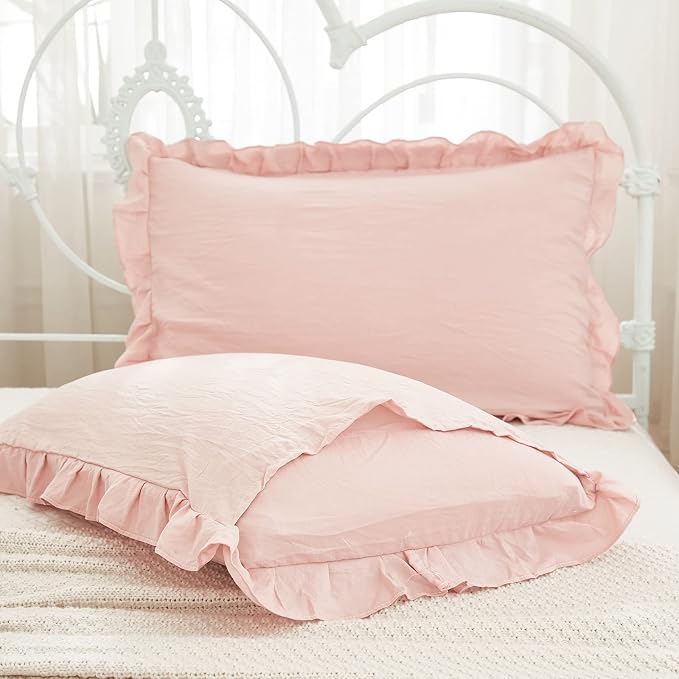 Pink Pillowcases King Pillowcases Ruffled Pillow Shams Set of 2 Cute Pillowcases Solid Ruffled Fringe Design Baby Pink Shabby Chic Pillowcases 2 Pack (King (20''x36''), Pink)