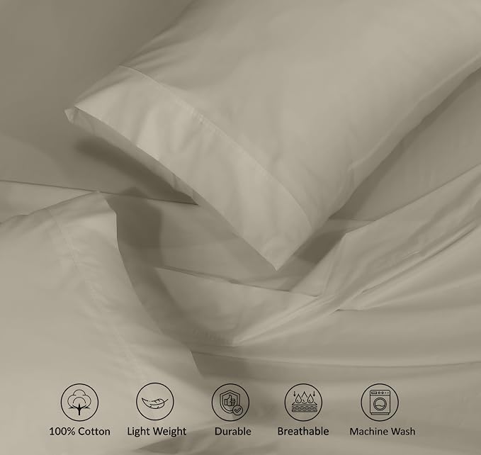 RUVANTI 100% Cotton Percale Sheets California King Size, Taupe | Crisp Cooling for Hot Sleepers, Deep Pocket 14", Soft Breathable & Durable, Hotel-Style 4 Piece Set
