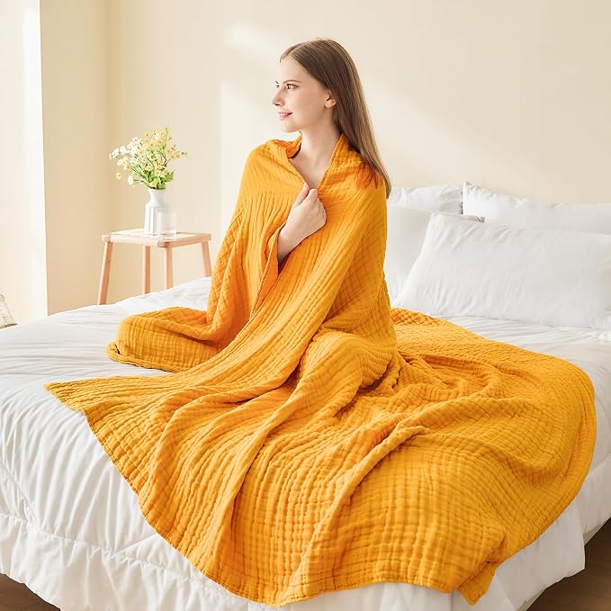 EMME Muslin Blankets for Adults Throw Blanket for Couch Breathable Gauze Soft Lightweight Airy Mustard Yellow Throw 50" x 60"