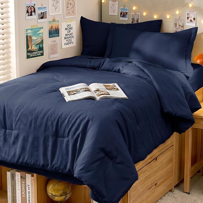 5 Pieces Twin XL Comforter Set, Soft Bed in a Bag Twin XL Size, All Season Bedding Set with Comforter, Flat Sheet, Fitted Sheet, Pillowcases & Shams, Navy Blue