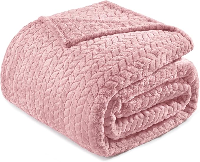 Exclusivo Mezcla Soft Fleece Bed Blanket King Size, 90”x104”, Pink | Cozy Fluffy Lightweight Blankets for Summer, Decorative Plush Flannel Throws for Living Room, Bedroom with Leaves Pattern