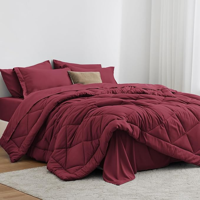 Love's cabin Queen Comforter Set Burgundy, 7 Pieces Queen Bed in a Bag, All Season Bedding Sets with 1 Comforter, 1 Flat Sheet, 1 Fitted Sheet, 2 Pillowcase and 2 Pillow Sham