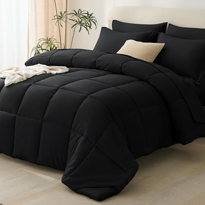 Oversized Queen Comforter Set, 7-Piece Bed in a Bag, Black | Extra-Wide Queen Coverage, OEKO-TEX Certified, Box-Stitched, 240 GSM Fill, All-Season Comfort, Sheets, Pillowcases & Shams
