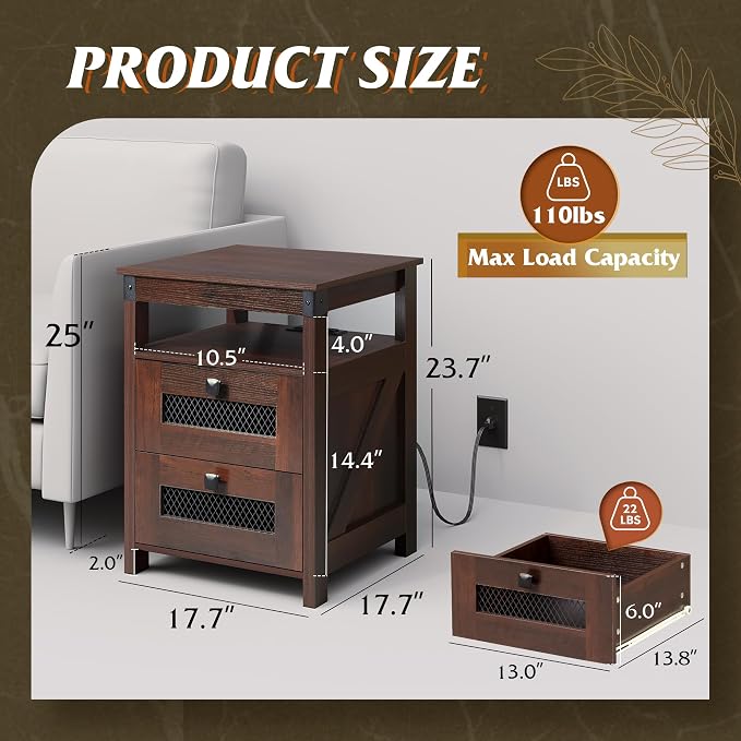 WLIVE Nightstand with Charging Station, Farmhouse End Table, Bed Side Table with 2 Storage Drawers and Open Shelf, Wood Rustic Nightstands for Bedroom, Espresso | Charging Station(2AC+2USB), Farmhouse Design (Cut-out Grills)，Storage(2 Drawers +1 Shelf)...