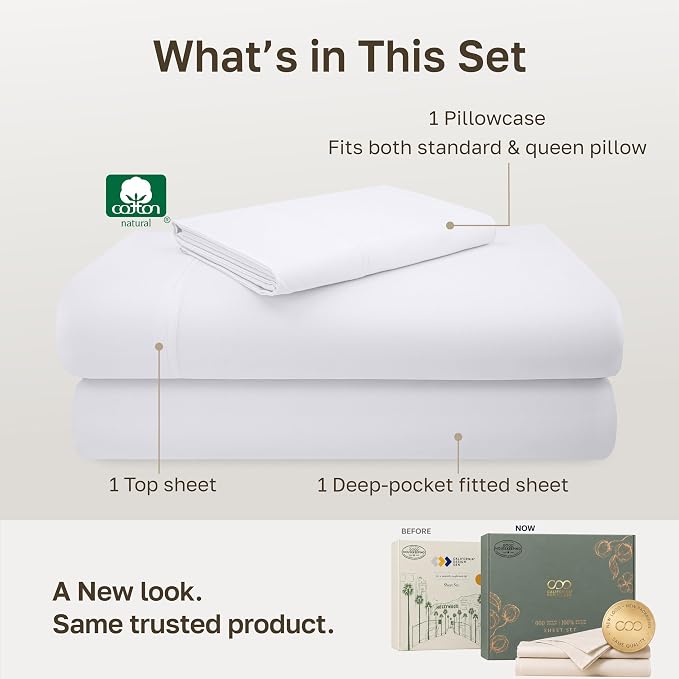 California Design Den Luxury 600 Thread Count 3 Pc Twin XL Sheets Set,White | 100% Cotton Sateen Backed by Good Housekeeping Seal, Soft & Smooth, All-Around Elastic, Durable, Easy Care