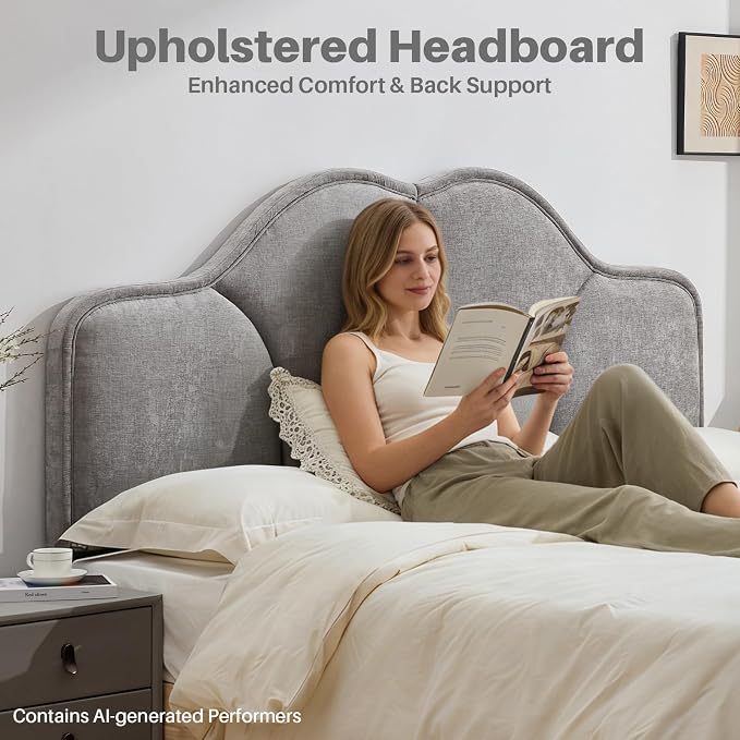 King Size Headboard Only Upgraded One-Piece Upholstered Headboards | Adjustable Height&Width, California King Bed Headboard, Modern Curved Chenille Fabric Padded Head Board, Light Gray